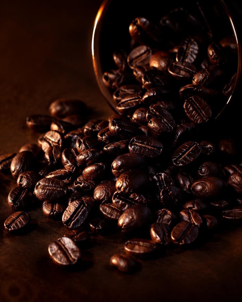 Roasted coffee beans in warm light