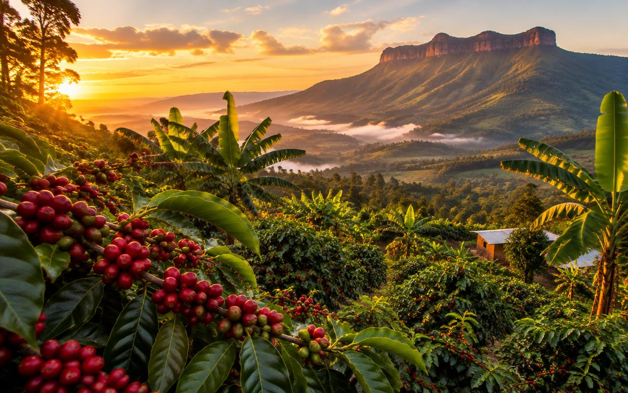 Coffee cherries and banana plants on a Ugandan hillside