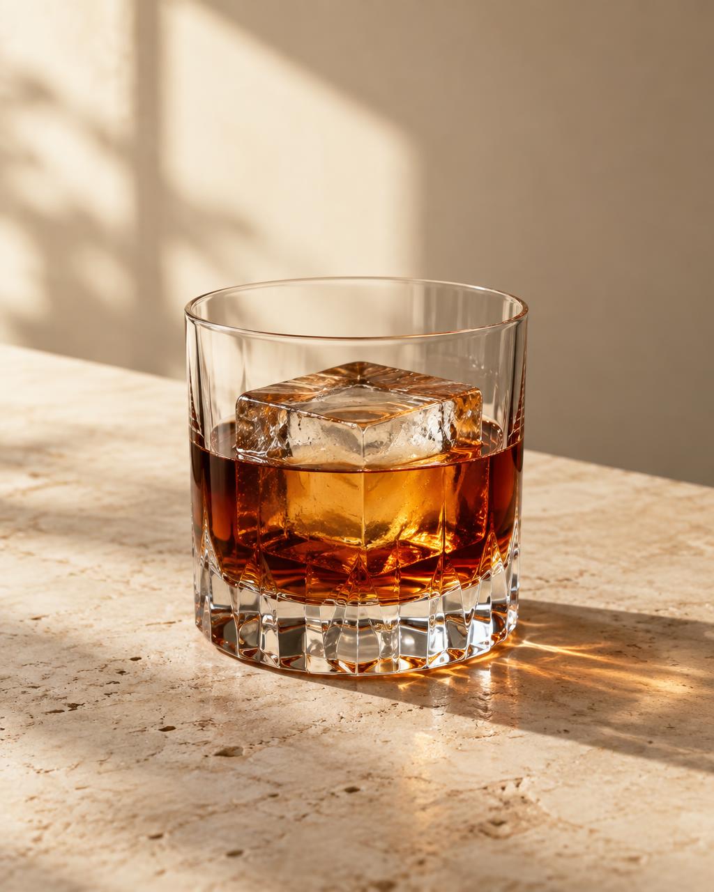Dark liqueur over a single ice cube